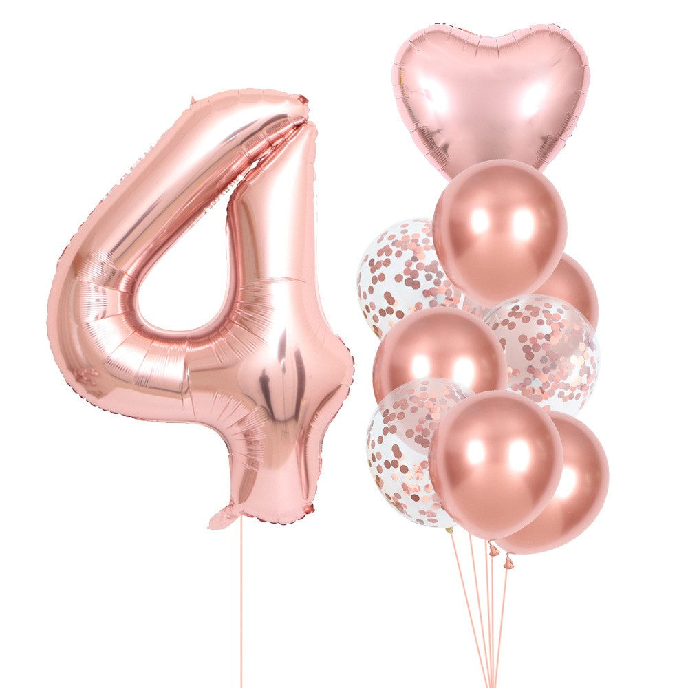 Set 10 Baloane Folie si Latex, Klevo, Tematica Aniversare, Baloane Latex 25cm, Figurina Inimioara 45 cm, Cifra 4 de 81 cm, Ambalaj Individual, Pai Inclus, Umflare cu Aer sau Heliu, Roz Pal