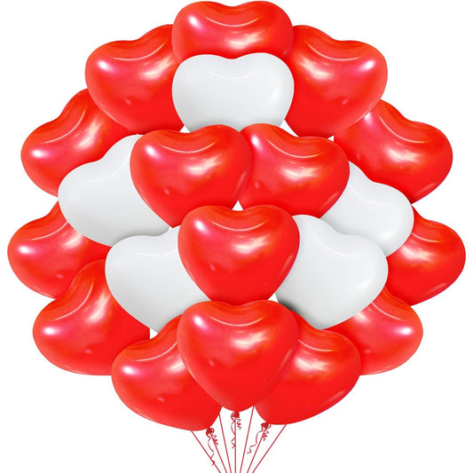 Set 10 Baloane, Klevo, Model Inima, din Latex, 25 cm, Alb/Rosu