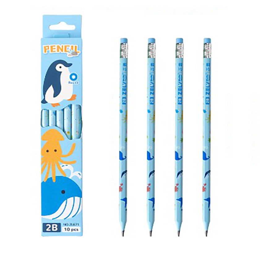 Set 10 Creioane Negre, Klevo, 2B, pentru Elevi Scoala, cu Radiera, Model Albastru cu Pinguini