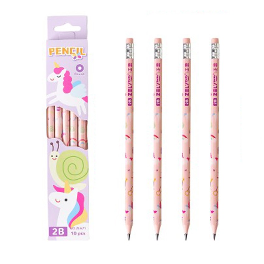 Set 10 Creioane Negre, Klevo, 2B, pentru Elevi Scoala, cu Radiera, Model Roz cu Unicorni