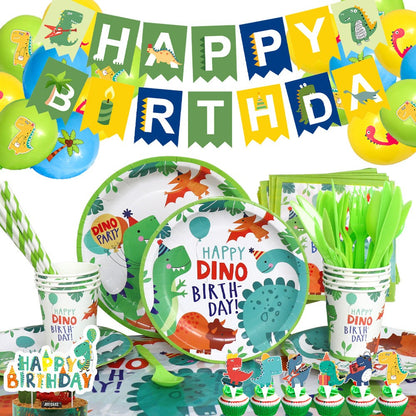 Set 10 Farfurii de Carton Happy Birthday, Klevo, 23 cm, Tematica Aniversare, Model Dinozauri, Multicolor