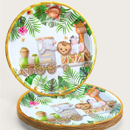Farfurii Cartonate pentru Petreceri, Klevo, Farfurii Cartonate de unica Folosinta pentru Zile de Nastere, Model Safari cu Animale, set 10 buc, Diametru 18 cm, Multicolor
