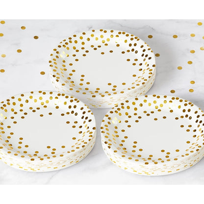 Set 10 Farfurii Unica Folosinta, Klevo, Imprimeu cu Buline, din Carton, Diametru 18 cm, Alb/Auriu