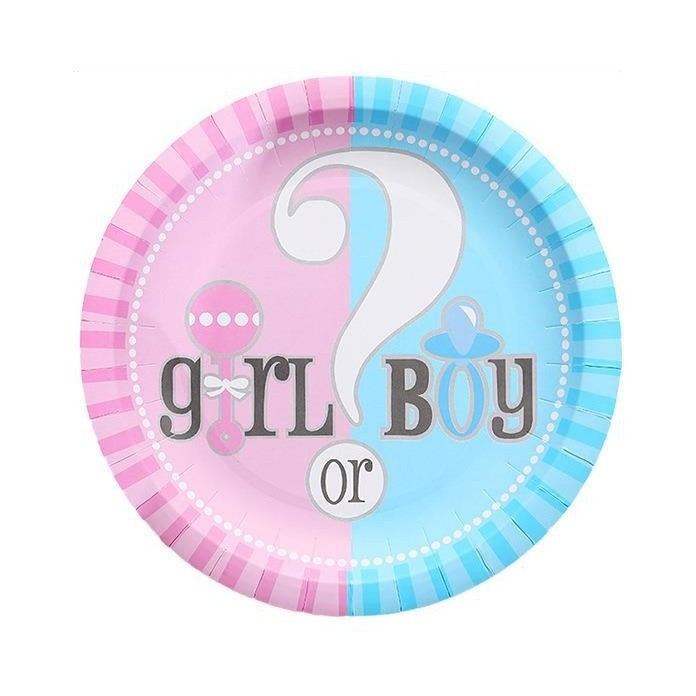 Set 10 Farfurii Gender Reveal, Klevo, Girl or Boy, din Carton, 18 cm, Roz/Albastru