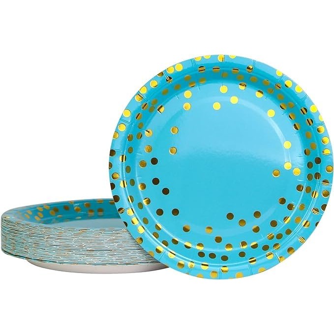 Set 10 Farfurii Unica Folosinta, Klevo, Imprimeu cu Buline, din Carton, Diametru 18 cm, Albastru/Auriu