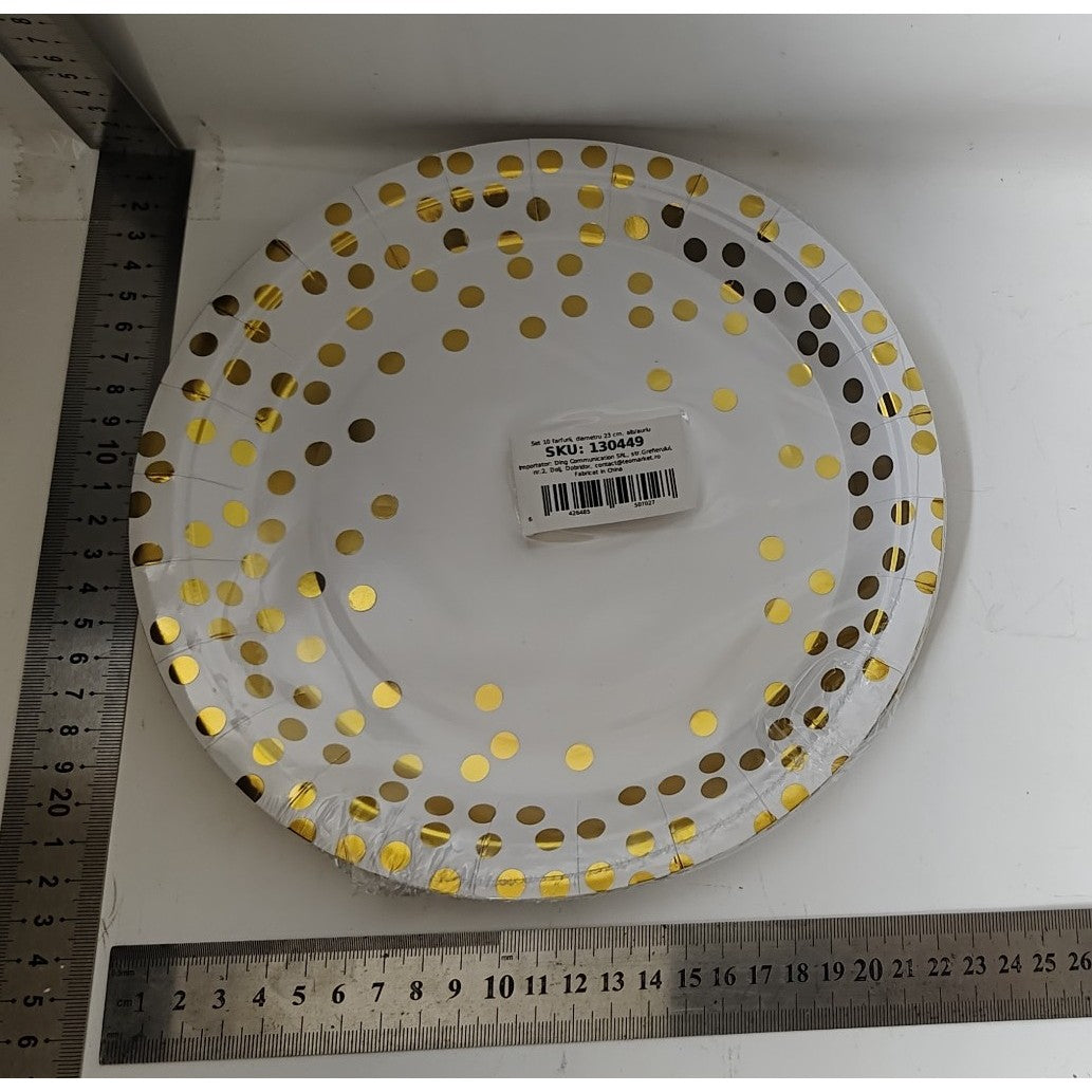 Set 10 Farfurii Unica Folosinta, Klevo, Imprimeu cu Buline, din Carton, Diametru 23 cm, Alb/Auriu