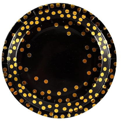 Set 10 Farfurii Unica Folosinta, Klevo, Imprimeu cu Buline, din Carton, Diametru 23 cm, Negru/Auriu