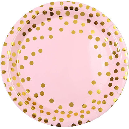 Set 10 Farfurii Unica Folosinta, Klevo, Imprimeu cu Buline, din Carton, Diametru 23 cm, Roz/Auriu