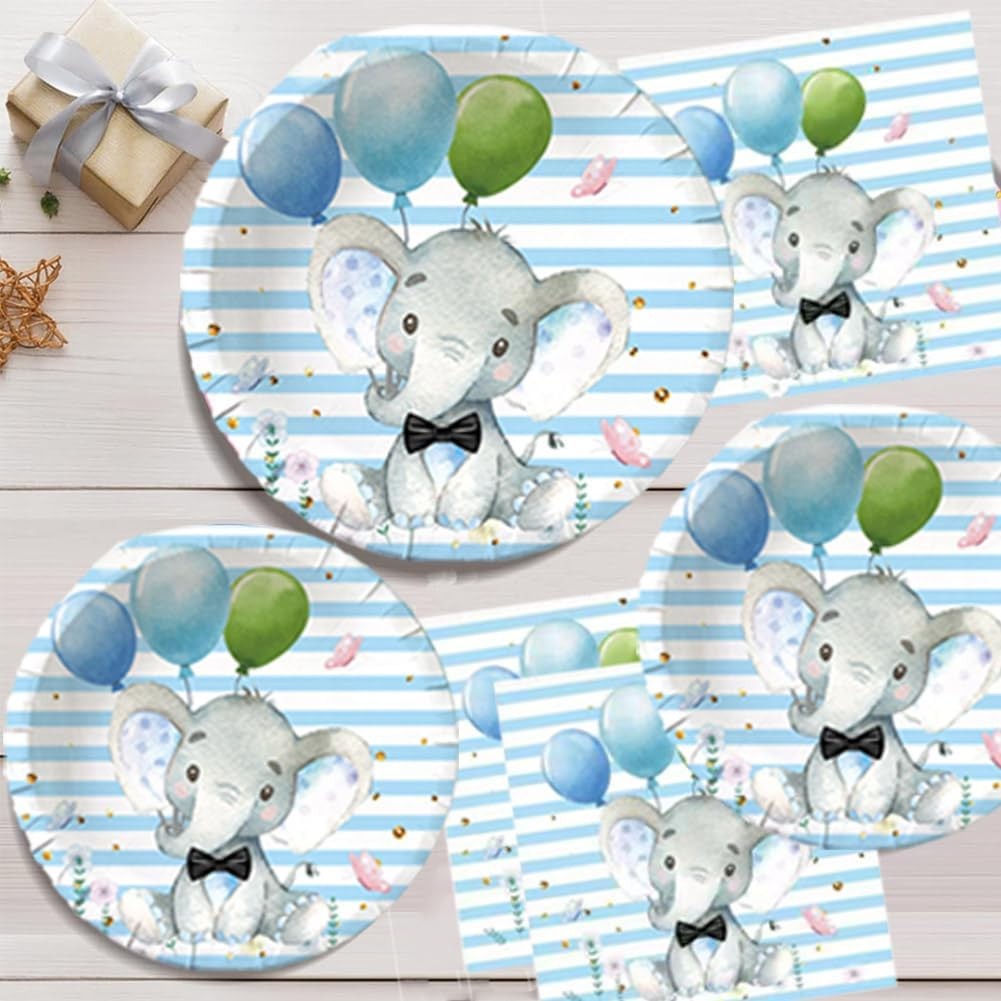 Set 10 Farfurii Unica Folosinta, Klevo, Imprimeu Elefant, din Carton, 17 cm, Albastru