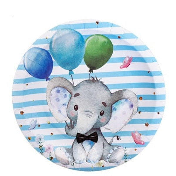 Set 10 Farfurii Unica Folosinta, Klevo, Imprimeu Elefant, din Carton, 22 cm, Albastru