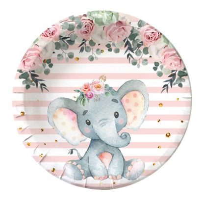 Set 10 Farfurii Unica Folosinta, Klevo, Imprimeu Elefant, din Carton, 22 cm, Roz