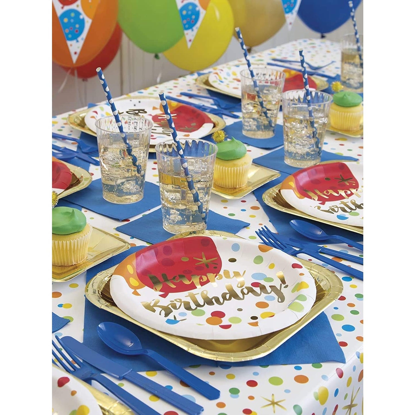 Set 10 Farfurii Unica Folosinta, Klevo, Imprimeu Happy Birthday Buline, din Carton, Diametru 18 cm, Multicolor