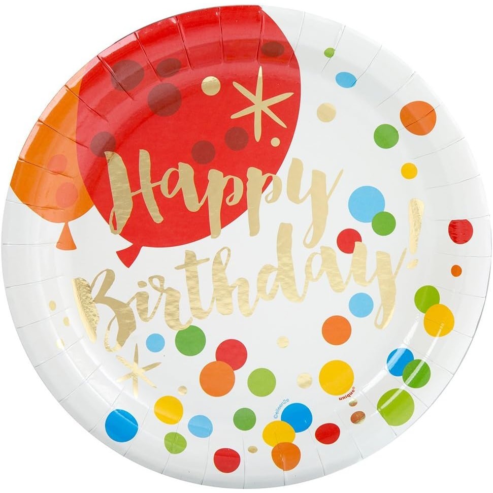Set 10 Farfurii Unica Folosinta, Klevo, Imprimeu Happy Birthday Buline, din Carton, Diametru 18 cm, Multicolor