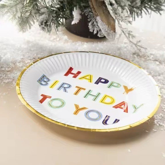 Set 10 Farfurii Unica Folosinta, Klevo, Imprimeu Happy Birthday, din Carton, Diametru 18 cm, Alb