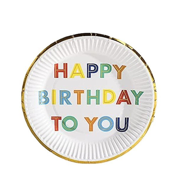 Set 10 Farfurii Unica Folosinta, Klevo, Imprimeu Happy Birthday, din Carton, Diametru 18 cm, Alb
