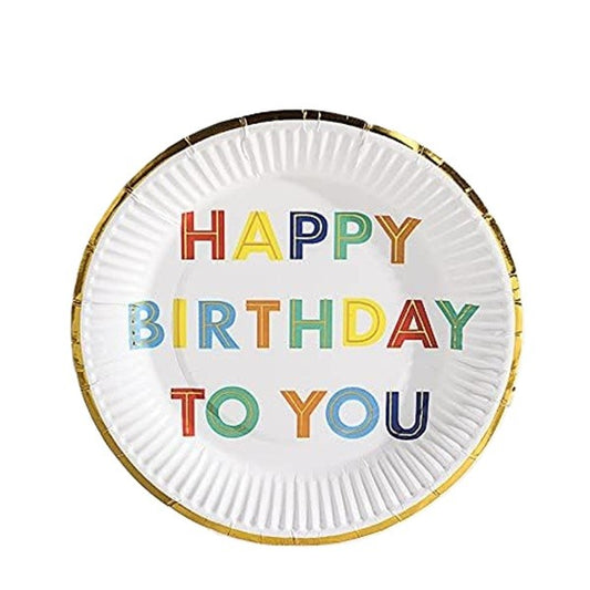 Set 10 Farfurii Unica Folosinta, Klevo, Imprimeu Happy Birthday, din Carton, Diametru 18 cm, Alb