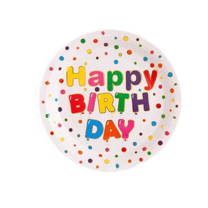 Set 10 Farfurii Unica Folosinta, Klevo, Imprimeu Happy Birthday, din Carton, Diametru 18 cm, Multicolor