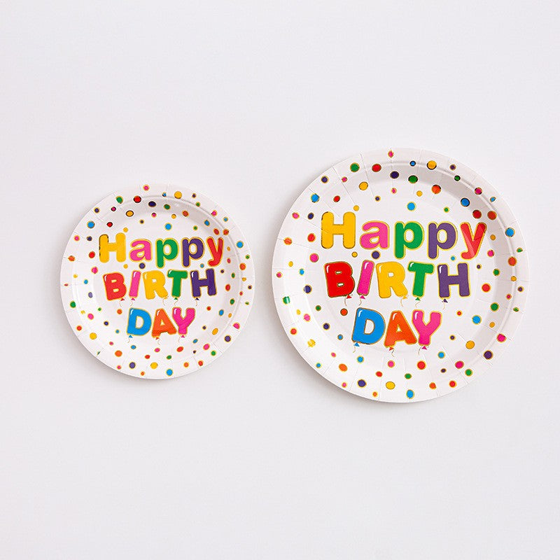 Set 10 Farfurii Unica Folosinta, Klevo, Imprimeu Happy Birthday, din Carton, Diametru 23 cm, Multicolor