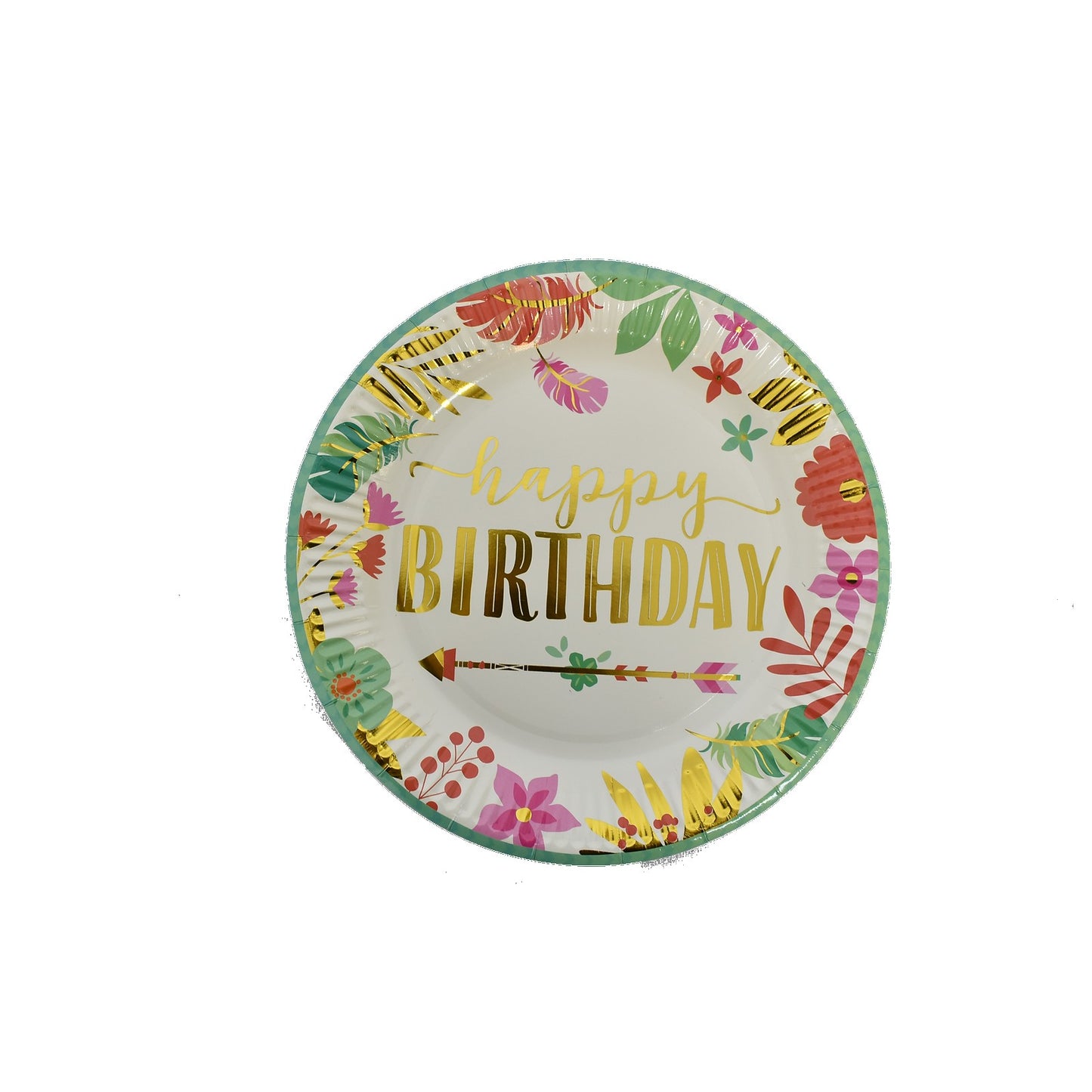 Set 10 Farfurii Unica Folosinta, Klevo, Imprimeu Happy Birthday Frunze, din Carton, Diametru 18 cm, Multicolor