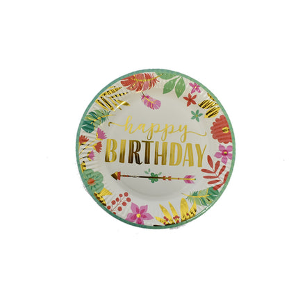 Set 10 Farfurii Unica Folosinta, Klevo, Imprimeu Happy Birthday Frunze, din Carton, Diametru 18 cm, Multicolor