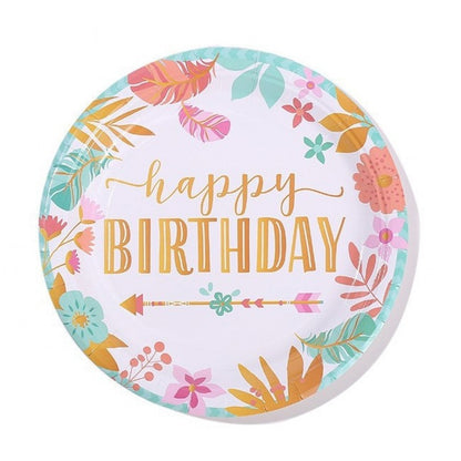 Set 10 Farfurii Unica Folosinta, Klevo, Imprimeu Happy Birthday Frunze, din Carton, Diametru 18 cm, Multicolor