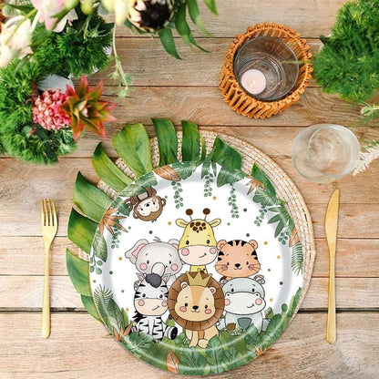 Set 10 Farfurii Unica Folosinta, Klevo, Imprimeu Jungle, din Carton, 22 cm, Verde