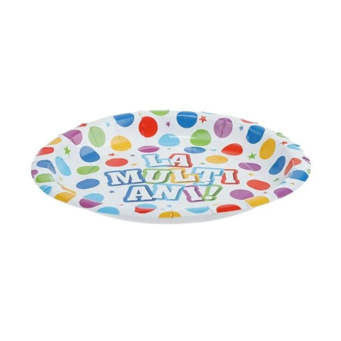 Set 10 Farfurii Unica Folosinta, Klevo, Imprimeu La Multi Ani, din Carton, Diametru 17 cm, Multicolor