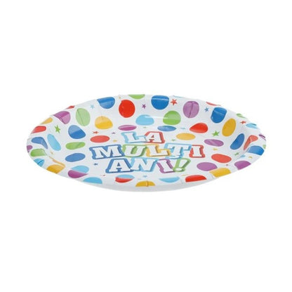 Set 10 Farfurii Unica Folosinta, Klevo, Imprimeu La Multi Ani, din Carton, Diametru 17 cm, Multicolor