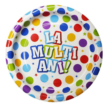 Set 10 Farfurii Unica Folosinta, Klevo, Imprimeu La Multi Ani, din Carton, Diametru 17 cm, Multicolor