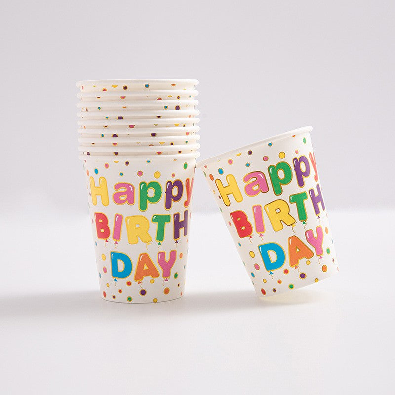 Set 10 Pahare, Klevo, Imprimeu Happy Birthday, din Carton, 250 ml, 7.5 x 8.5 cm, Multicolor