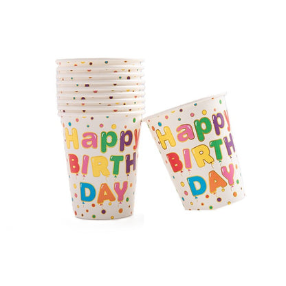 Set 10 Pahare, Klevo, Imprimeu Happy Birthday, din Carton, 250 ml, 7.5 x 8.5 cm, Multicolor