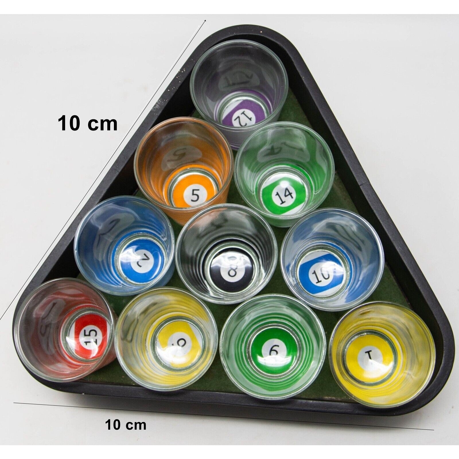 Set 10 pahare de shot Klevo, cu Suport de Biliard, 30 ml, din sticla, 10 x 10 cm, multicolor