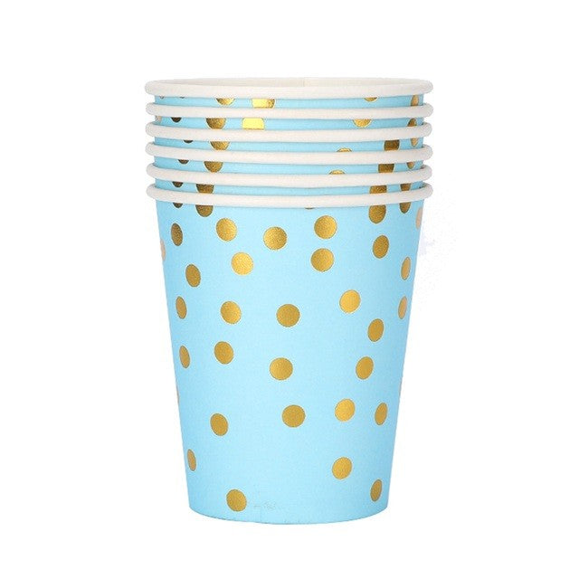Set 10 Pahare, Klevo, Imprimeu cu Buline, din Carton, 250 ml, 7.5 x 8.5 x 5.2 cm, Albastru/Auriu