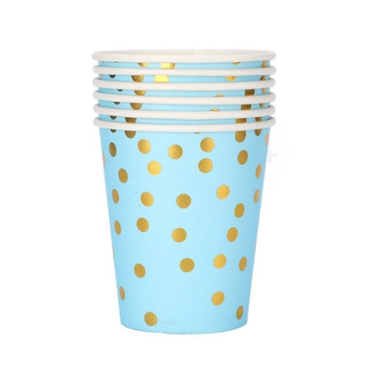 Set 10 Pahare, Klevo, Imprimeu cu Buline, din Carton, 250 ml, 7.5 x 8.5 x 5.2 cm, Albastru/Auriu