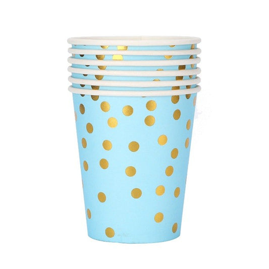 Set 10 Pahare, Klevo, Imprimeu cu Buline, din Carton, 250 ml, 7.5 x 8.5 x 5.2 cm, Albastru/Auriu