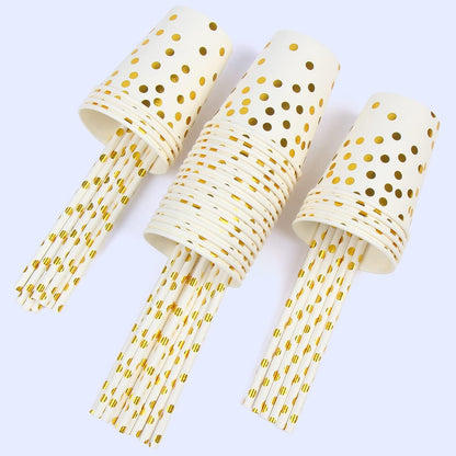 Set 10 Pahare, Klevo, Imprimeu cu Buline, din Carton, 250 ml, 7.5 x 8.5 x 5.2 cm, Auriu
