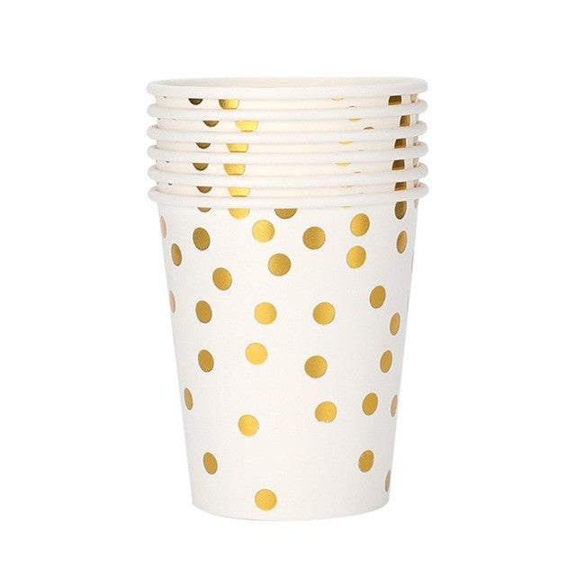 Set 10 Pahare, Klevo, Imprimeu cu Buline, din Carton, 250 ml, 7.5 x 8.5 x 5.2 cm, Auriu