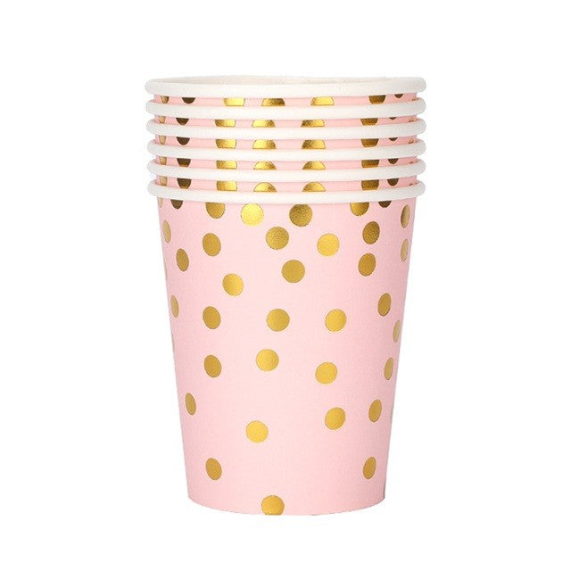 Set 10 Pahare, Klevo, Imprimeu cu Buline, din Carton, 250 ml, 7.5 x 8.5 x 5.2 cm, Roz/Auriu