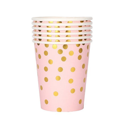 Set 10 Pahare, Klevo, Imprimeu cu Buline, din Carton, 250 ml, 7.5 x 8.5 x 5.2 cm, Roz/Auriu