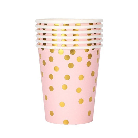 Set 10 Pahare, Klevo, Imprimeu cu Buline, din Carton, 250 ml, 7.5 x 8.5 x 5.2 cm, Roz/Auriu