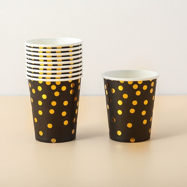 Set 10 Pahare, Klevo, Imprimeu cu Buline, din Carton, 250 ml, 7 x 8.5 x 5 cm, Negru/Auriu