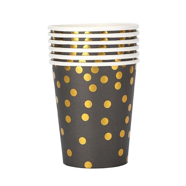 Set 10 Pahare, Klevo, Imprimeu cu Buline, din Carton, 250 ml, 7 x 8.5 x 5 cm, Negru/Auriu