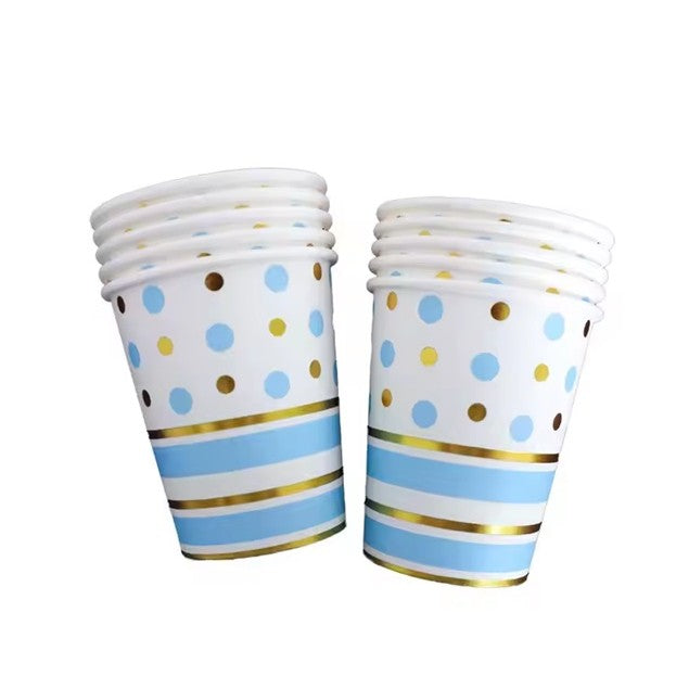 Set 10 Pahare, Klevo, Imprimeu cu Buline si Dungi, din Carton, 250 ml, 7.5 x 8.5 x 5.2 cm, Albastru/Auriu