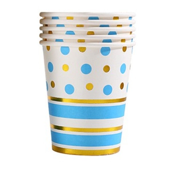 Set 10 Pahare, Klevo, Imprimeu cu Buline si Dungi, din Carton, 250 ml, 7.5 x 8.5 x 5.2 cm, Albastru/Auriu