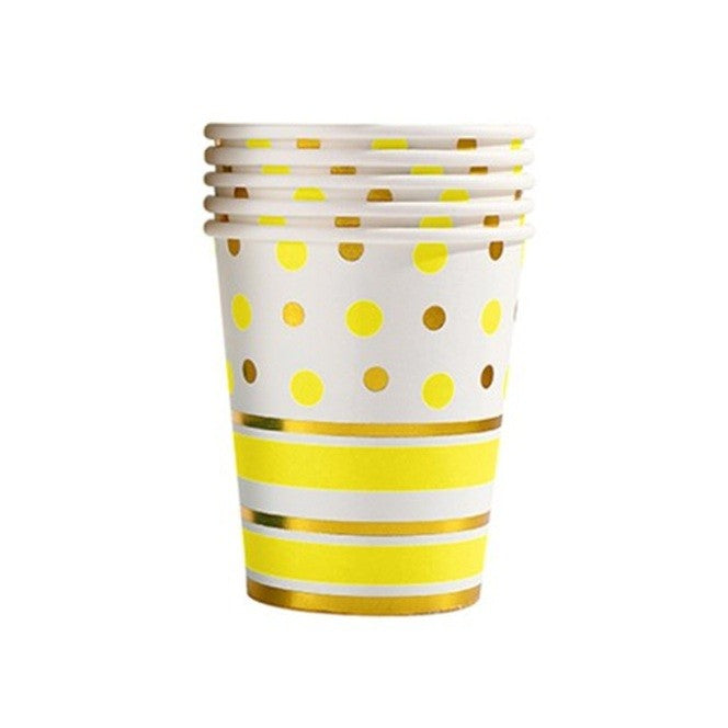 Set 10 Pahare, Klevo, Imprimeu cu Buline si Dungi, din Carton, 250 ml, 7.5 x 8.5 x 5.2 cm, Galben/Auriu