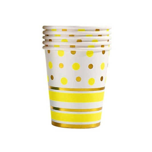 Set 10 Pahare, Klevo, Imprimeu cu Buline si Dungi, din Carton, 250 ml, 7.5 x 8.5 x 5.2 cm, Galben/Auriu