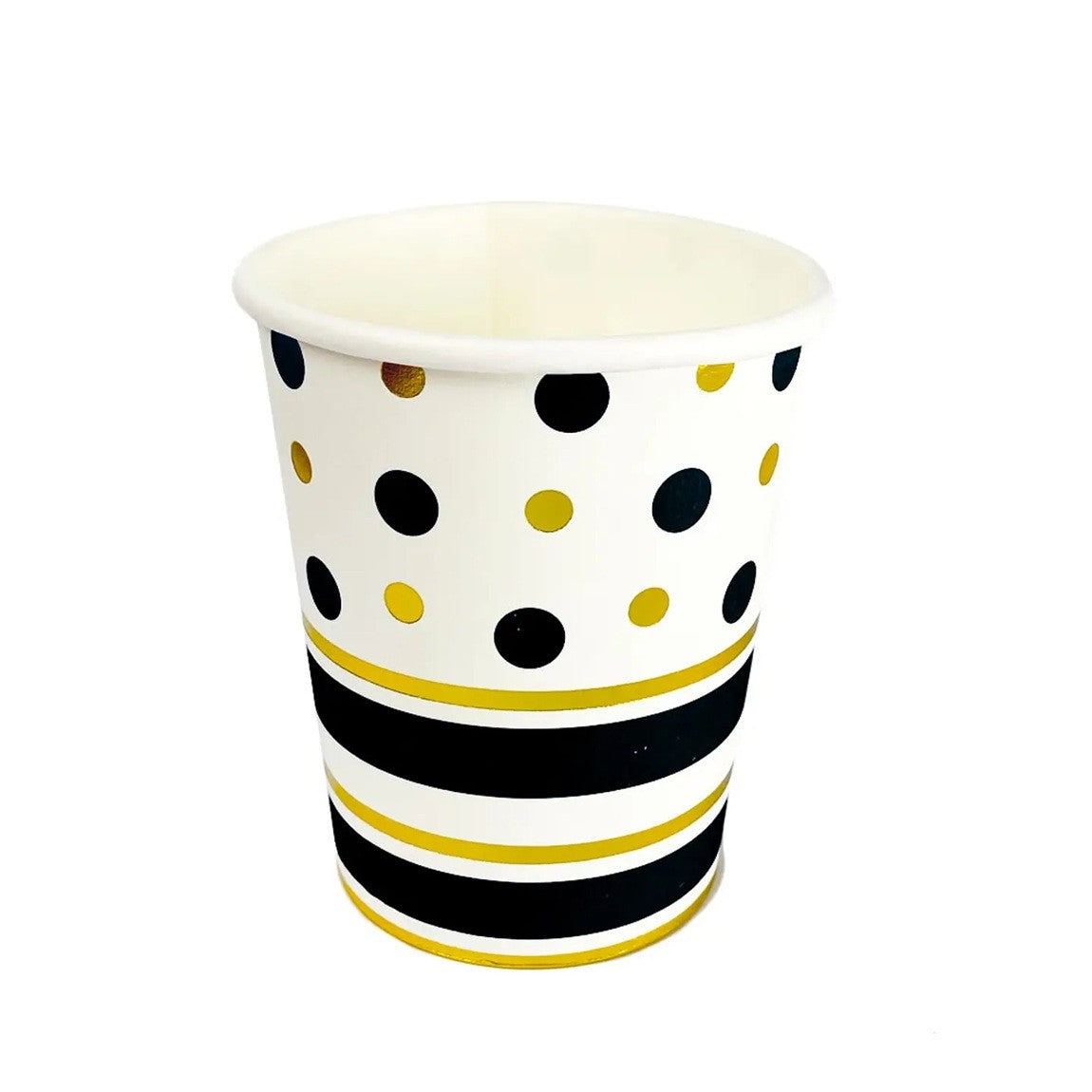 Set 10 Pahare, Klevo, Imprimeu cu Buline si Dungi, din Carton, 250 ml, 7.5 x 8.5 x 5.2 cm, Negru/Auriu