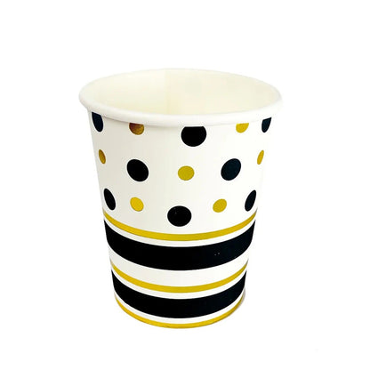 Set 10 Pahare, Klevo, Imprimeu cu Buline si Dungi, din Carton, 250 ml, 7.5 x 8.5 x 5.2 cm, Negru/Auriu
