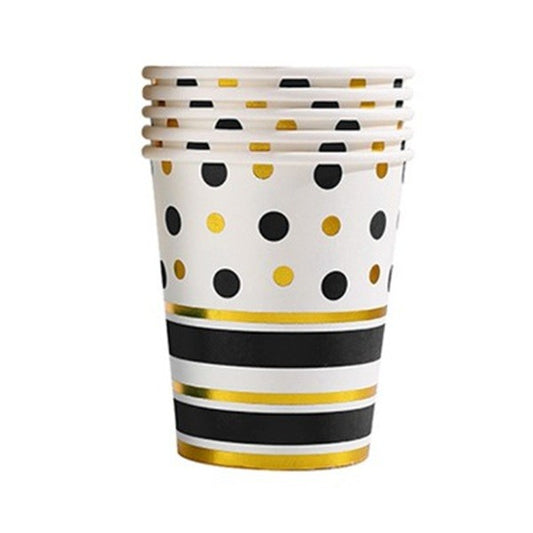 Set 10 Pahare, Klevo, Imprimeu cu Buline si Dungi, din Carton, 250 ml, 7.5 x 8.5 x 5.2 cm, Negru/Auriu
