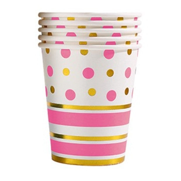 Set 10 Pahare, Klevo, Imprimeu cu Buline si Dungi, din Carton, 250 ml, 7.5 x 8.5 x 5.2 cm, Roz/Auriu